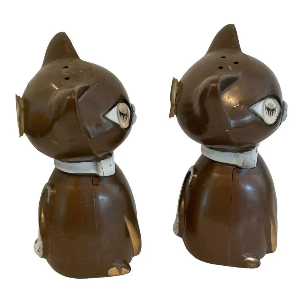 VINTAGE MCM‎ WINKING GOOGLY EYES CATS SALT PEPPER SHAKERS BROWN JAPAN 1960s